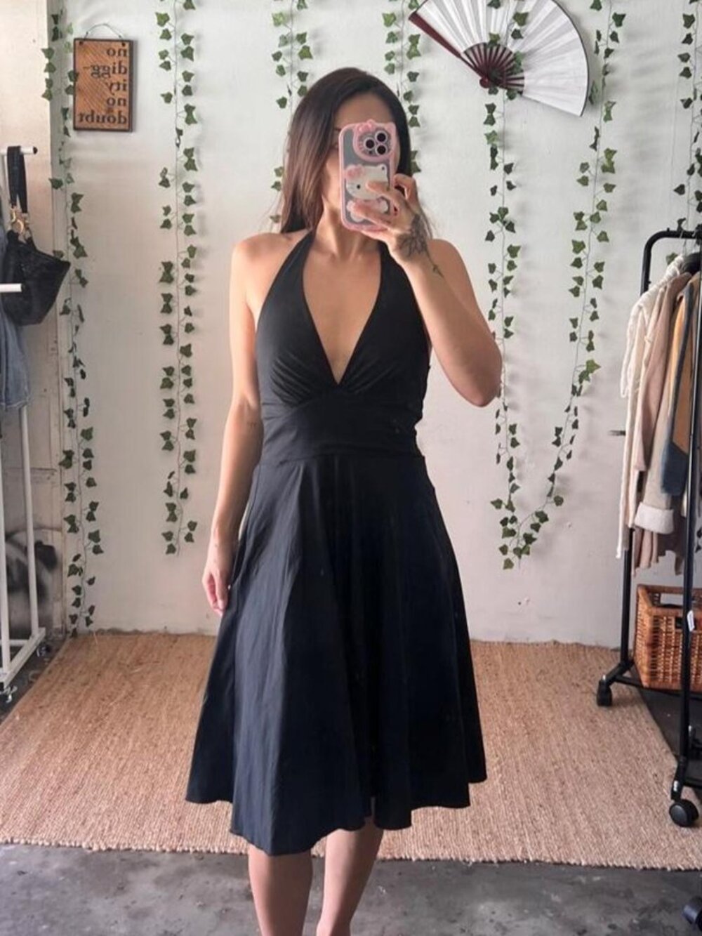 Vintage Sara USA black cotton halter A-line midi dress size S